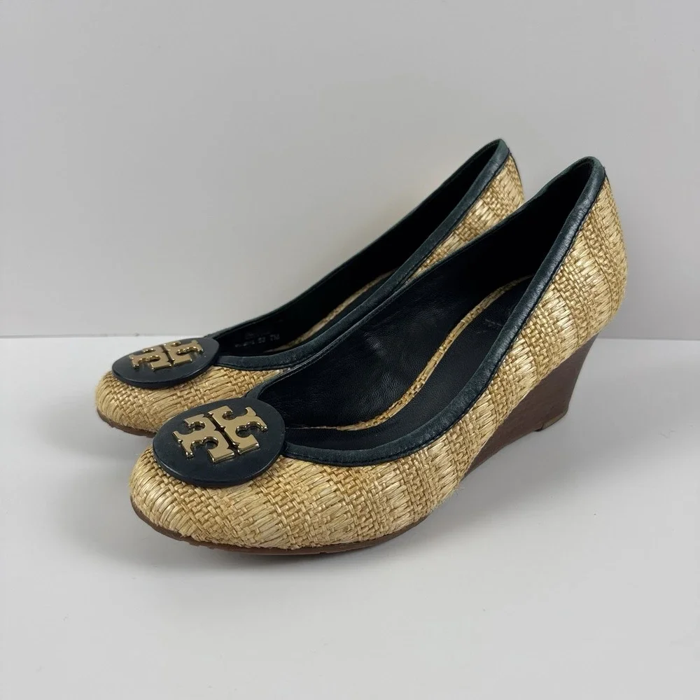 Tory Burch Sally Raffia Wedge Pumps Beige Straw Leather Logo Sz 7